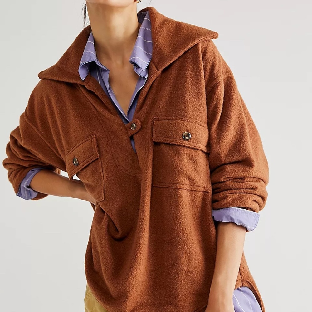 Free People Rust Brown Pullover Hoodie with Lavender Layered Shirt